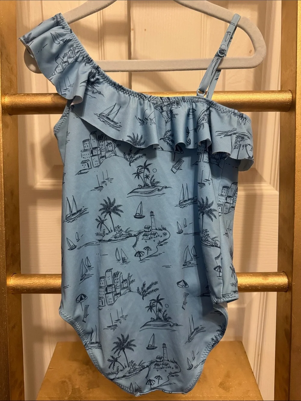 Zara Light Blue One-Shoulder Kids Swim One-Piece with Coastal Print